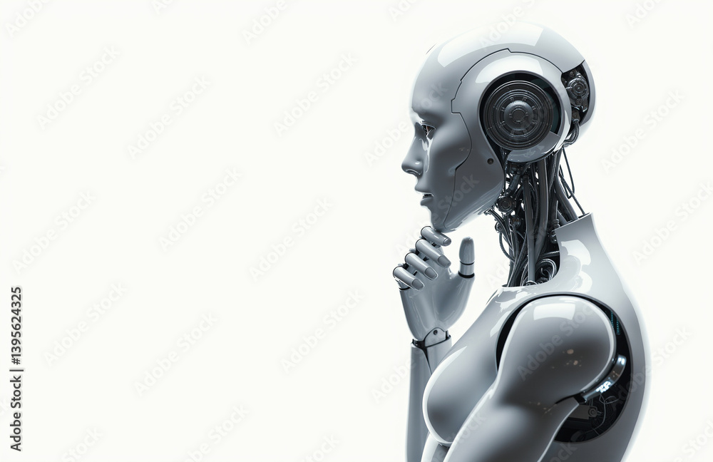 Futuristic silver robot in profile, thoughtful pose on white background. Futuristic silver robot in profile, thoughtful pose on white background.