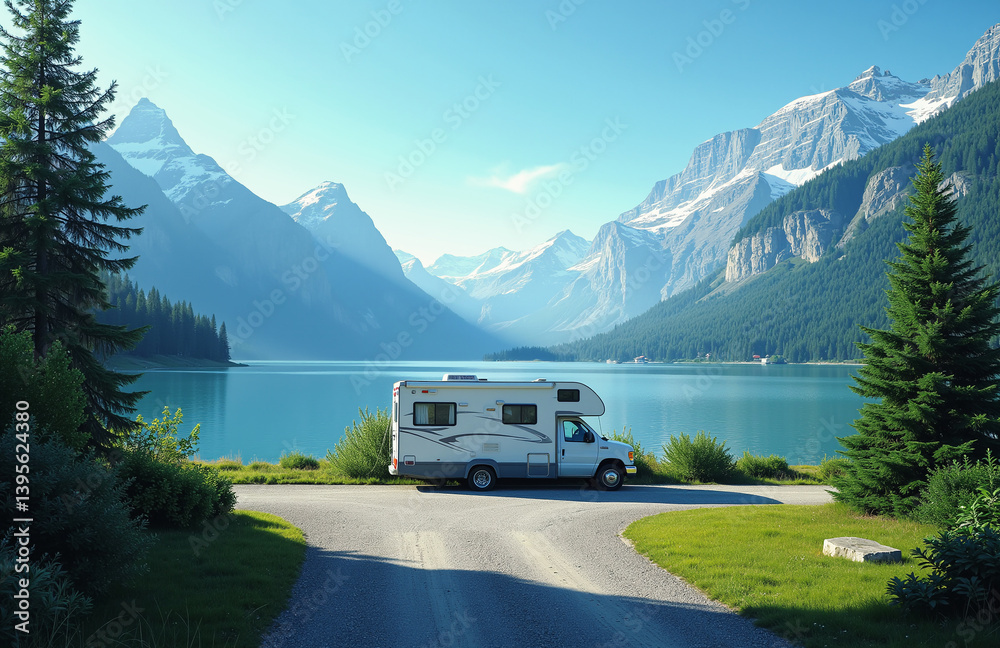 Camper van by lake with mountain backdrop under clear blue sky. Camper van by lake with mountain backdrop under clear blue sky.