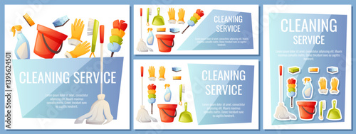 Cleaning services for apartments, residential buildings and commercial buildings. Mop, bucket, cleaning agent, spray, gloves. Set of designs of square postcard, horizontal banner and leaflet.