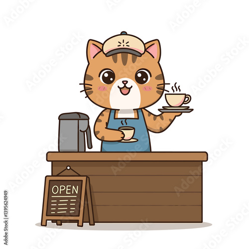 Cat barista: A charming cartoon cat, adorned in an apron and cap, stands proudly behind a cafe counter, holding a cup of freshly brewed coffee and signaling the store's open status.