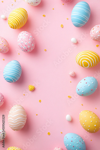 Pastel Colored Easter Eggs Pink Background Top View Patterned Holiday Celebration
