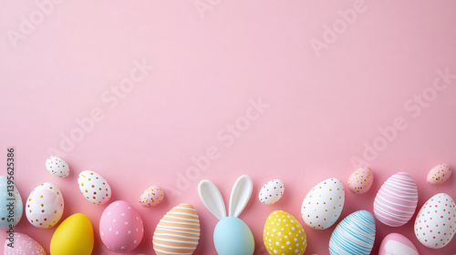 Pastel Easter Eggs Border on Pink Background with Cute Bunny Ears Decoration