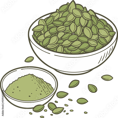 Pumpkin seeds minced, green powder in bowl isolated on white
