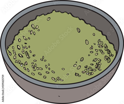 Pumpkin seeds minced, green powder in bowl isolated on white