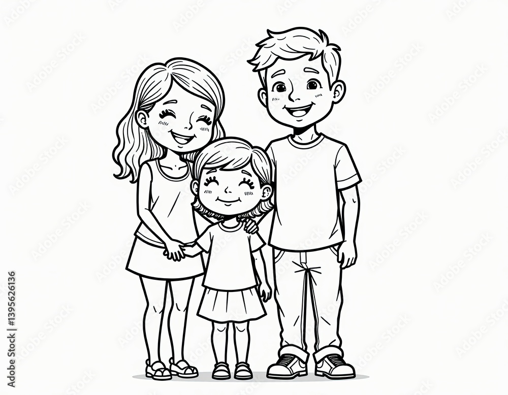 Happy Family Portrait Black and White Line Art Illustration