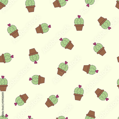 Cactus, heart and pot seamless pattern template on green background. Cute cacti in boho style.