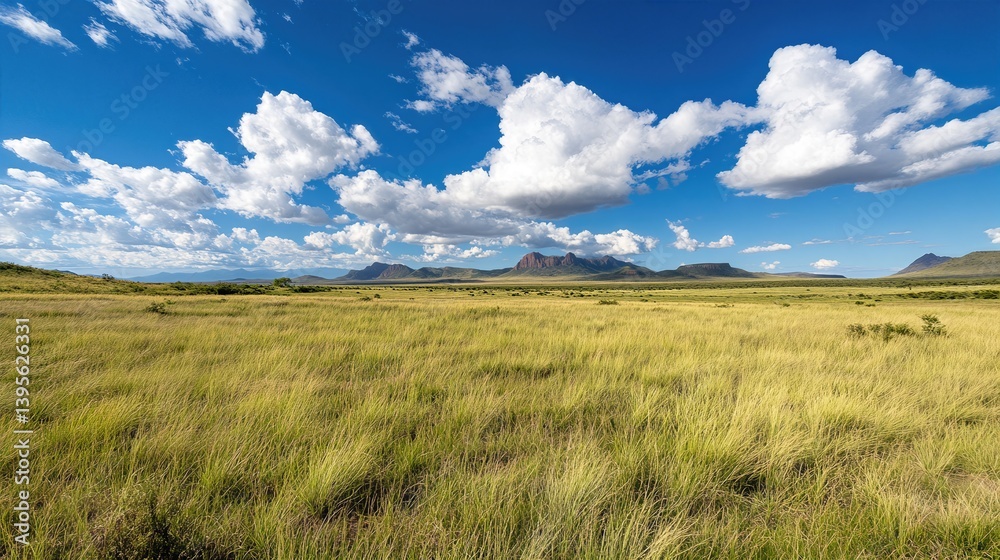 Expansive Field and Sky: A vast open field stretches towards distant mountains beneath a brilliant blue sky dotted with fluffy white clouds, creating a sense of serenity and vastness. Expansive Field and Sky: A vast open field stretches towards distant mountains beneath a brilliant blue sky dotted with fluffy white clouds, creating a sense of serenity and vastness.