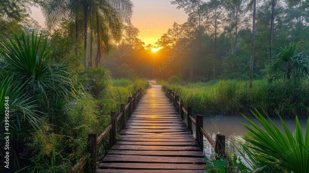 Fototapeta premium Sunrise path through a tranquil, lush forest. Wooden bridge over a serene waterway