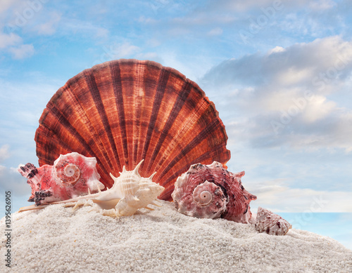 Sea shells on sand on the beach with blue sky and sea background