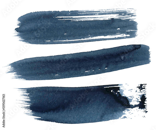 Set of dark blue watercolor brush strokes. Indigo color strokes on the paper texture for posters, banner, template postcard. Abstract Water stains paint for background. Hand drawn ink strokes set