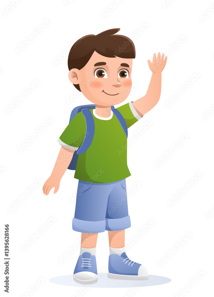 Smiling boy waving with backpack. Vector illustration Smiling boy waving with backpack. Vector illustration