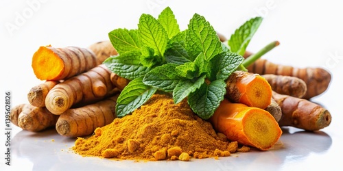 Fresh Organic Turmeric Root & Peppermint Leaves - Cooking & Medicinal Herbs