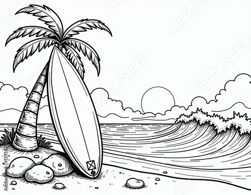 Surf's Up Black and White Line Art of Tropical Beach Scene with Surfboard and Palm Tree