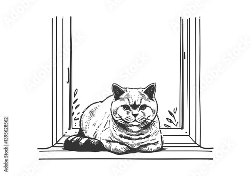 British Shorthair Cat Hand Drawn Illustration Sketch Vector Isolated for Graphic Resource
