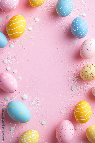 Pastel Easter Eggs on Pink Background with Sprinkles Celebration Design