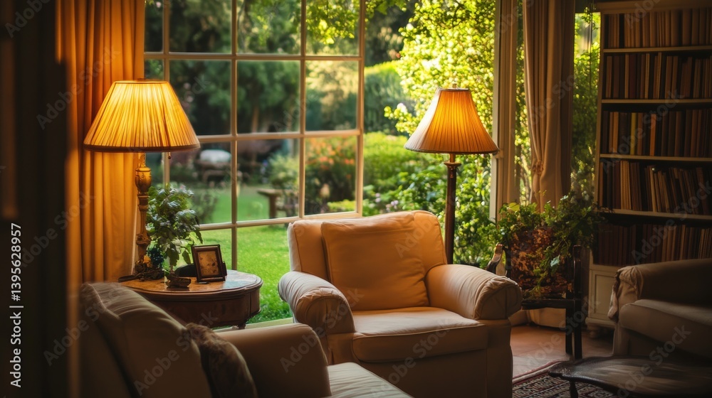 Fototapeta premium A warmly lit room with views of a beautiful green garden