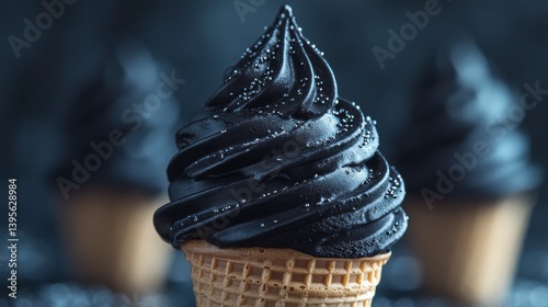Indulging in black charcoal ice cream cone urban setting close-up food photography dark ambiance unique dessert experience