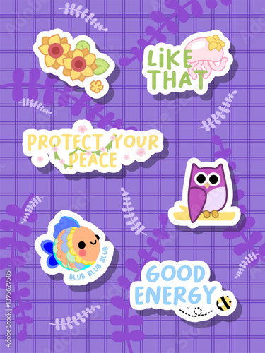 cute stickers set of owl and fish with motivational word