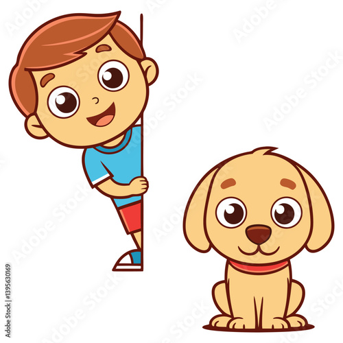 Cheerful Cartoon Boy Peeking Behind Wall with Adorable Puppy Isolated on White