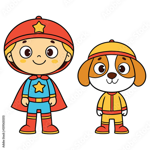 Cartoon Boy in Superhero Costume and Beagle Dog in Suit on Transparent Background