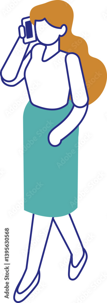 Walking Woman Talking on Phone vector line isometric illustration isolated on white background