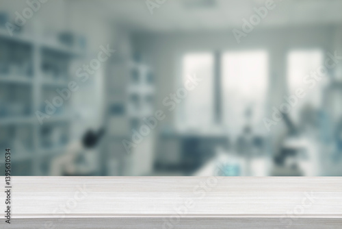 Empty Wooden Table lab table blurred scientific laboratory background. workspace for research, biotechnology, medical science, innovation and healthcare concept. For display or montage your products