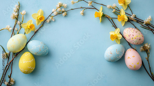 Colorful Easter Eggs With Daffodils and Willow Branches on a Blue Surface