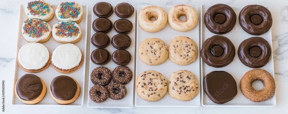 Assorted baked goods arranged on white plates, displayed against marble surface Assorted baked goods arranged on white plates, displayed against marble surface