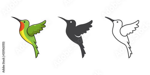 Illustrated Hummingbird Set Featuring Colorful, Silhouette, and Outline Styles