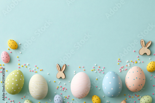 Pastel Easter Eggs, Sprinkles and Bunny Cutouts on a Light Blue Textured Surface