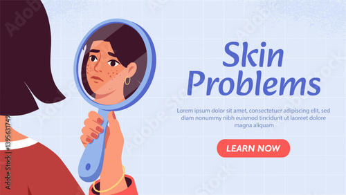 Woman seeing acne in mirror sadly. Vector illustration