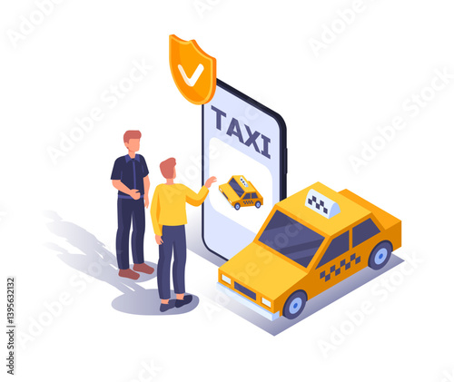 Taxi booking via mobile app concept. Vector illustration