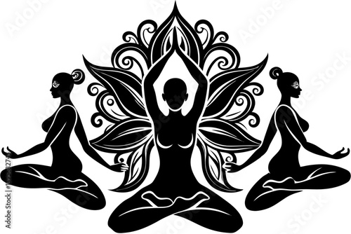 Minimalist line art yoga illustration featuring graceful poses and meditative figures. Perfect for wellness branding, yoga studio logos, meditation guides, health and fitness content, spiritual artwor