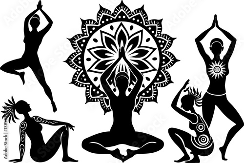 Minimalist line art yoga illustration featuring graceful poses and meditative figures. Perfect for wellness branding, yoga studio logos, meditation guides, health and fitness content, spiritual artwor