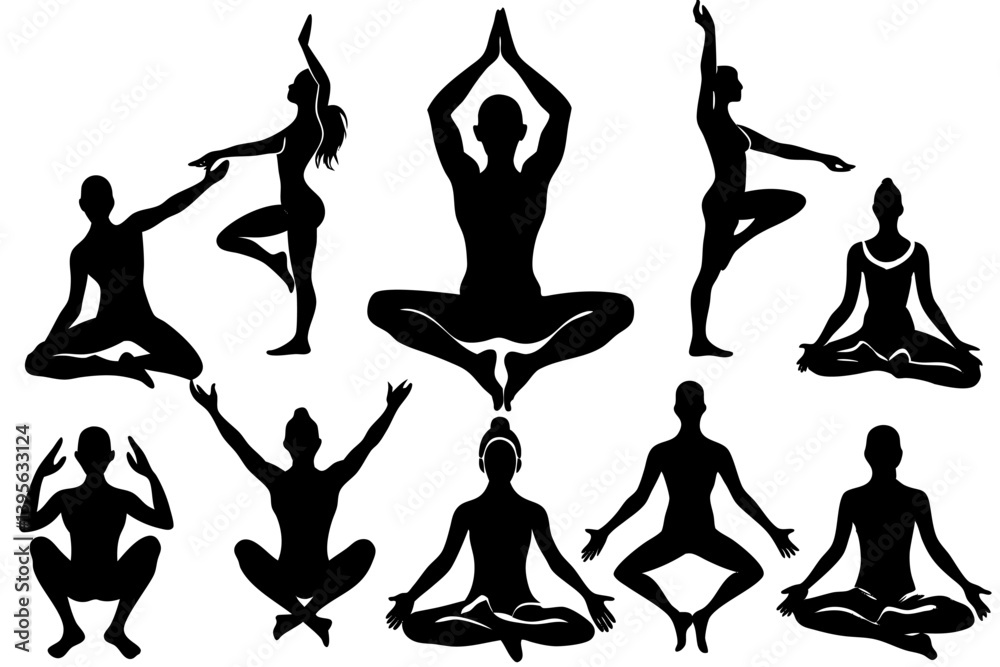 Fototapeta premium Minimalist line art yoga illustration featuring graceful poses and meditative figures. Perfect for wellness branding, yoga studio logos, meditation guides, health and fitness content, spiritual artwor