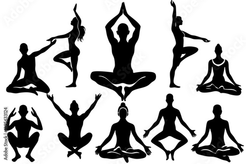Minimalist line art yoga illustration featuring graceful poses and meditative figures. Perfect for wellness branding, yoga studio logos, meditation guides, health and fitness content, spiritual artwor