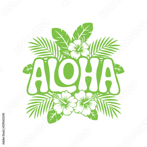 Aloha lettering, leaves and hibiscus. vector illustration on white background