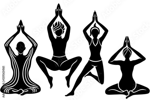 Minimalist line art yoga illustration featuring graceful poses and meditative figures. Perfect for wellness branding, yoga studio logos, meditation guides, health and fitness content, spiritual artwor