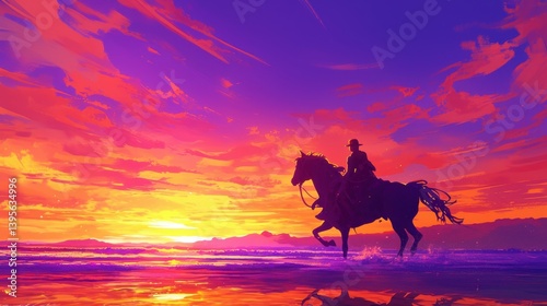 Silhouette of Cowboy Riding Horse at Sunset
