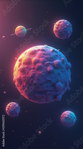 Floating Planets with Colorful Textures Suspended in the Cosmos, Each Reflecting Neon Lights