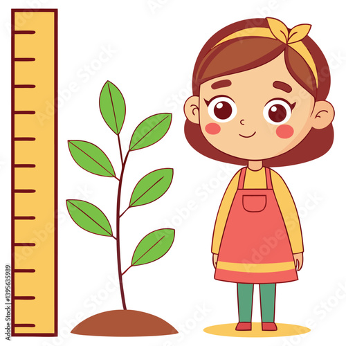 Cartoon Girl with Plant and Ruler on White Background Growing Concept, Kid