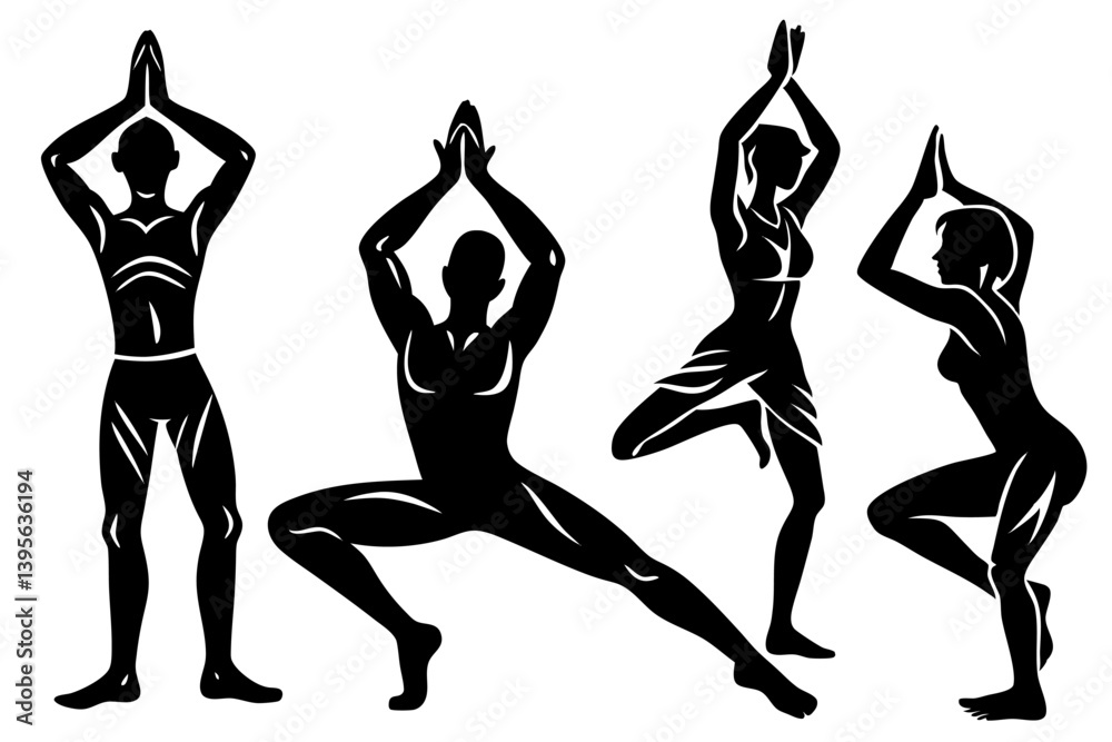 Fototapeta premium Minimalist line art yoga illustration featuring graceful poses and meditative figures. Perfect for wellness branding, yoga studio logos, meditation guides, health and fitness content, spiritual artwor