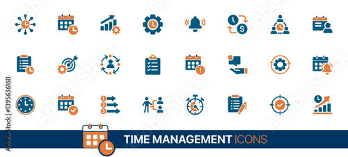 Time Management icon set showcasing scheduling, productivity, efficiency, task organization, and goal setting. A solid vector illustration collection ideal for productivity apps, task management tools