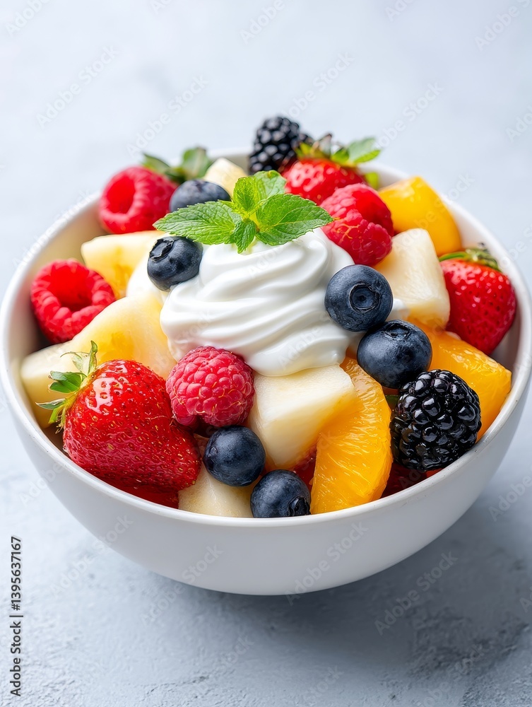 A Vibrant Bowl of Summer Fruit Salad with Creamy Yogurt - This showcases a delightful summer fruit salad brimming with fresh berries, melon, and a dollop of creamy yogurt. It symbolizes freshness A Vibrant Bowl of Summer Fruit Salad with Creamy Yogurt - This showcases a delightful summer fruit salad brimming with fresh berries, melon, and a dollop of creamy yogurt. It symbolizes freshness