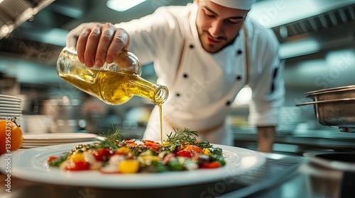 A chef meticulously pours olive oil over a vibrant vegetable salad.
