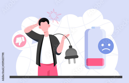 Tired man with low energy battery icon. Vector illustration