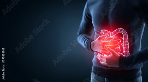 Abdominal Pain and Digestive System Issues - Person holding their abdomen in pain, highlighting internal organs. Medical illustration of digestive discomfort