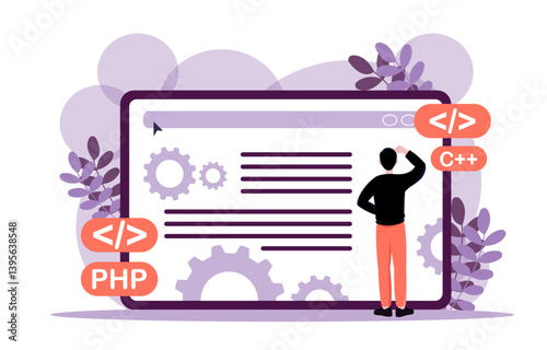 Programmer viewing code on large screen. Vector illustration