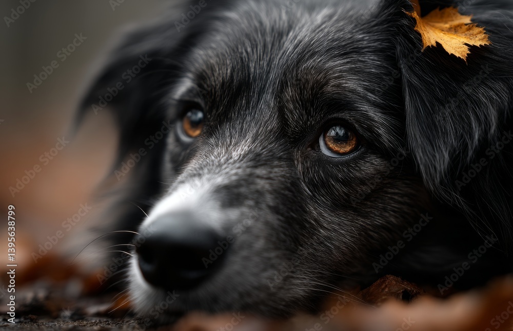 a black and white dog laying in the leaves on the ground, surrounded by a few dry leaves The background is slightly blurred, giving the image a dreamy feel