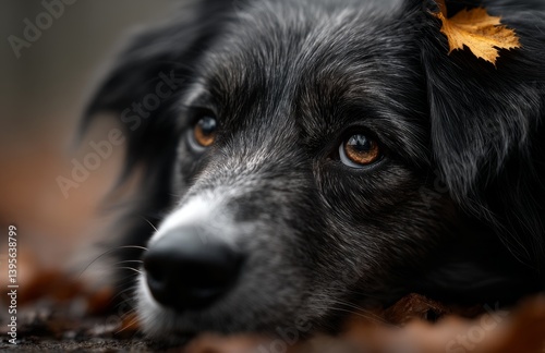 Obraz na płótnie a black and white dog laying in the leaves on the ground, surrounded by a few dry leaves The background is slightly blurred, giving the image a dreamy feel w salonie